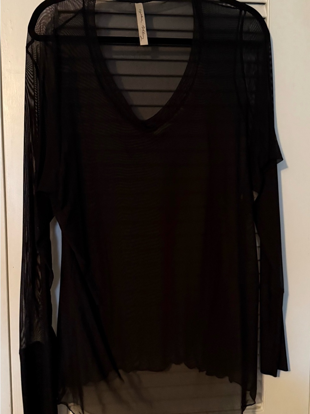Lightweight Sheer V-Neck Long Sleeve Top - Black